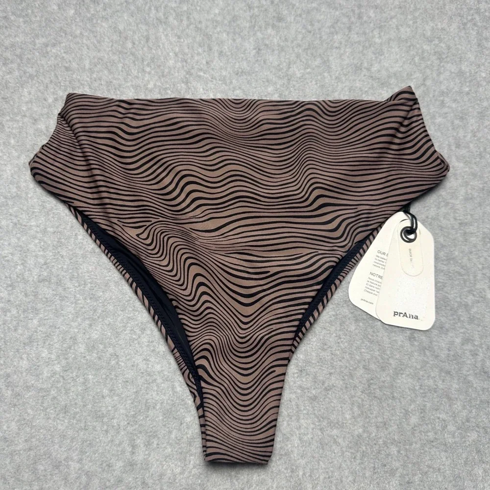 Prana Lahari High Rise Bikini Bottom Black Wavee Tan Abstract Swim Small NEW